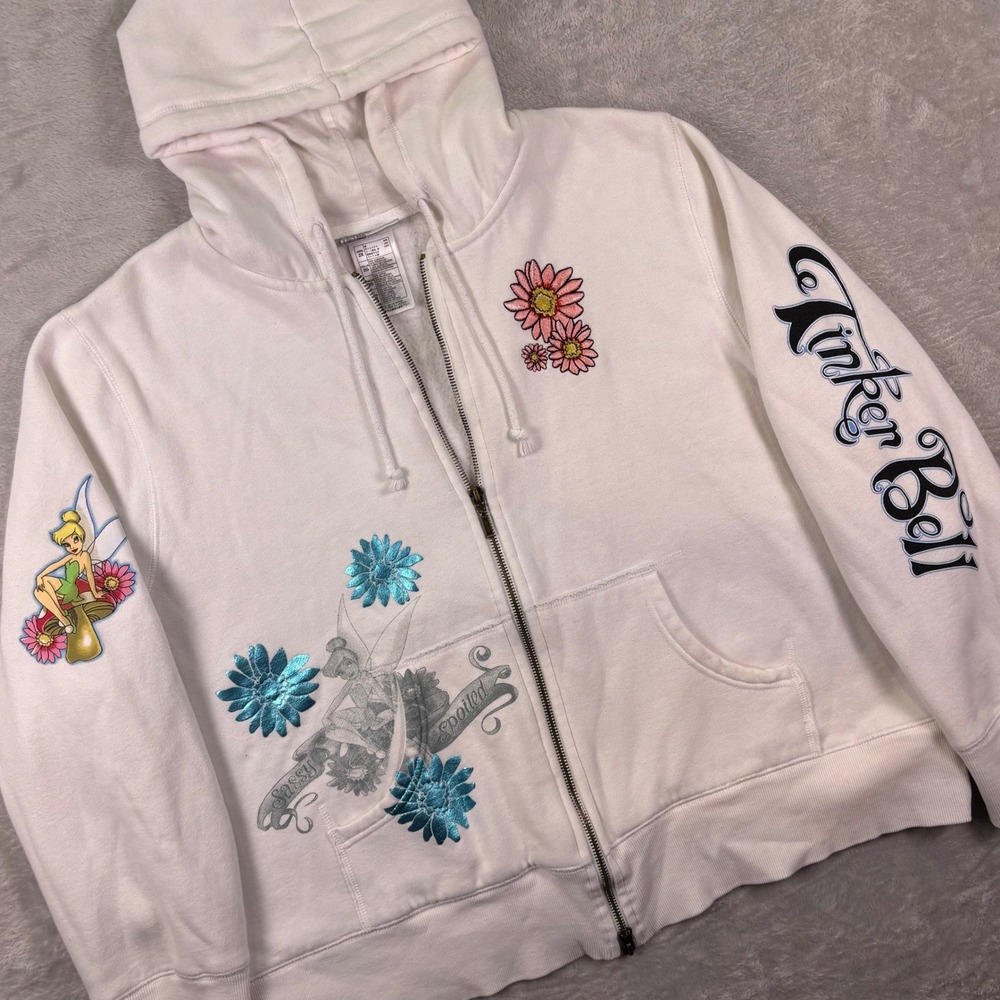 Disney Tinker Bell Women's Zip Up Hoodie 2X White Graphic Embroidered Floral Y2K